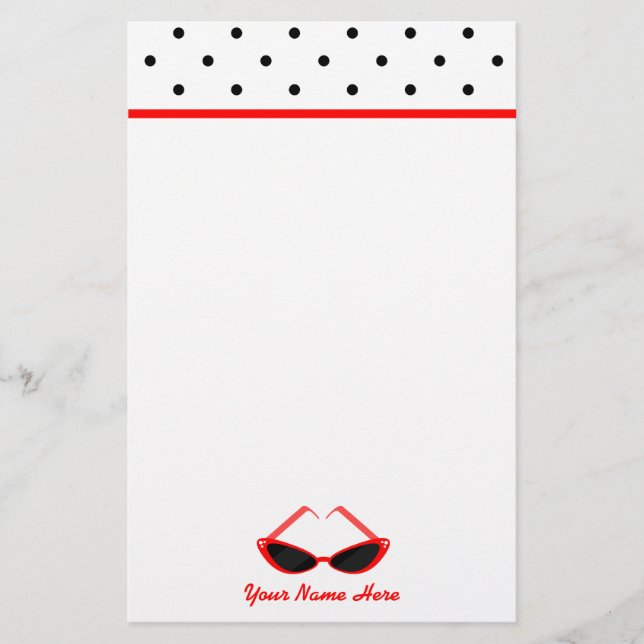 Retro Red Cat Eye Sunglasses & Black Polka Dots Stationery (Front)