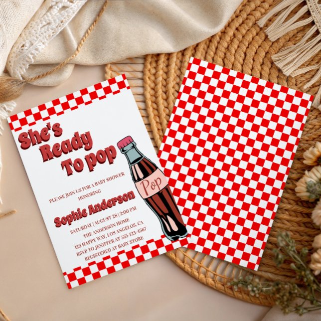 Retro Red Checkered She’s Ready to Pop Baby Shower Invitation (Creator Uploaded)