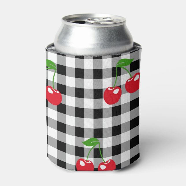 Retro Red Cherry Black White Buffalo Plaid Gingham Can Cooler (Can Front)