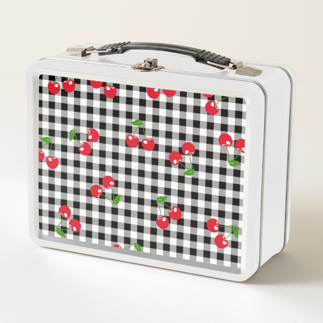 Retro Red Cherry Black White Buffalo Plaid Gingham Metal Lunch Box (Front)