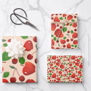 Retro Red Cherry Fruit Orchard Pattern Flat Wrapping Paper Sheet
