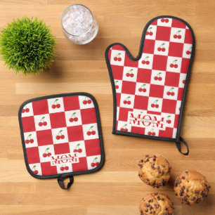 Retro Red Cherry & Gingham Chequered Custom Mum Oven Mitt & Pot Holder Set