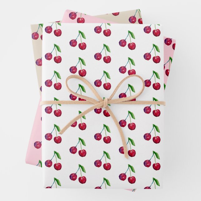 Retro Red Cherry Packaging Cute Artisan Christmas Wrapping Paper Sheet (In situ)