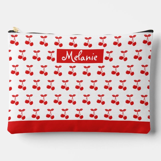 Retro Red Cherry Pattern White Personalised Accessory Pouch (Front)