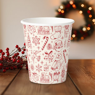 Retro Red Christmas Doodle Paper Cups