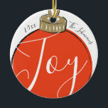 Retro Red Christmas Ornament and Backside Photo<br><div class="desc">Modern illustration of a retro style red christmas ornament with the word "Joy" in white script surrounded by a personalised name and year. The back side can be customised with a family photo. Design by Shelby Allison and photo by Jessica Rockowitz on Unsplash.</div>