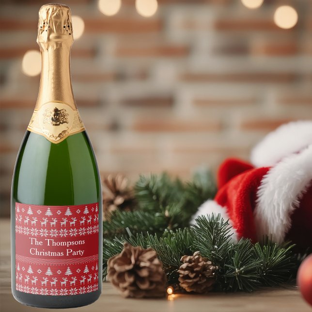 Retro Red Christmas Reindeer Custom Holiday Party Sparkling Wine Label (Creator Uploaded)