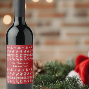 Retro Red Christmas Reindeer Custom Holiday Party Wine Label