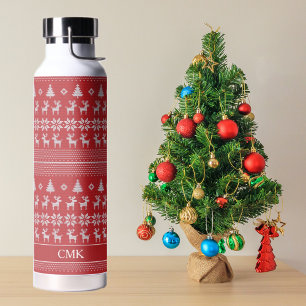 Retro Red Christmas Reindeer Personalised Holiday Water Bottle