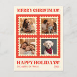 Retro Red Christmas Stamp Holidays Photos Collage Postcard<br><div class="desc">This Christmas Holiday Card features Christmas stamps with four photos of your choice and retro typography text "Merry Christmas" and "Happy Holidays".  Personalise it with your name and year.</div>