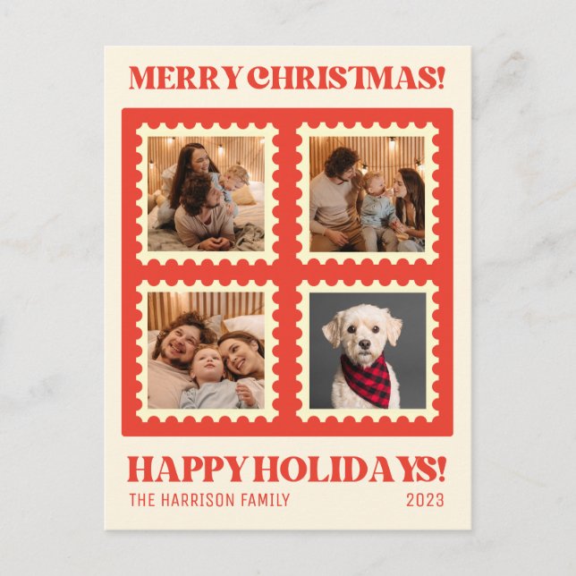 Retro Red Christmas Stamp Holidays Photos Collage Postcard (Front)