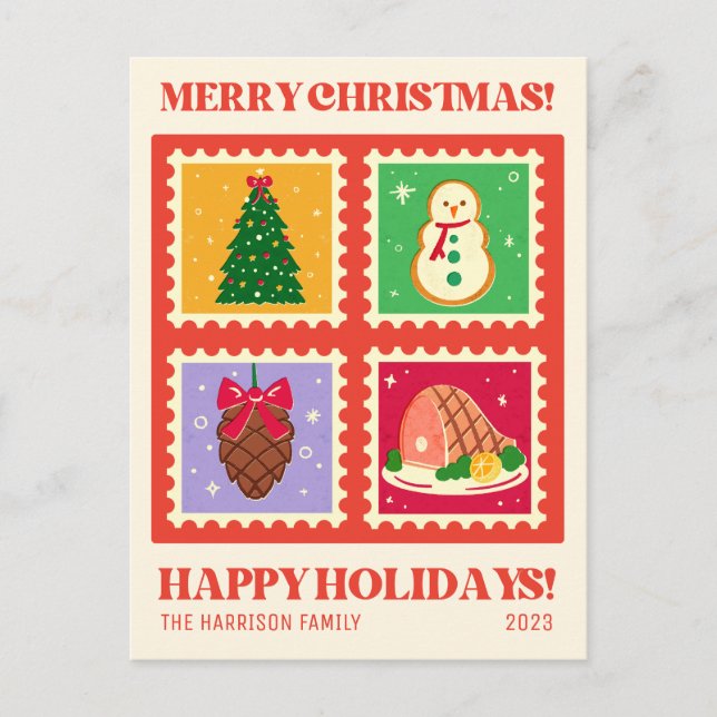 Retro Red Christmas Stamp Holidays Postcard (Front)