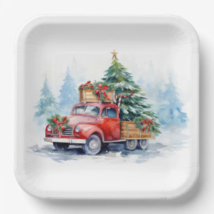 Retro Red Christmas Truck Paper Plate