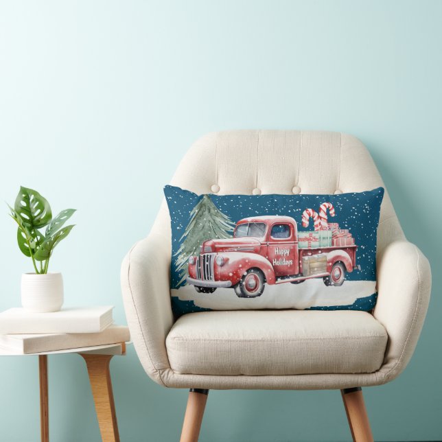 Retro Red Christmas Truck With Candy Canes Lumbar Cushion (Chair)