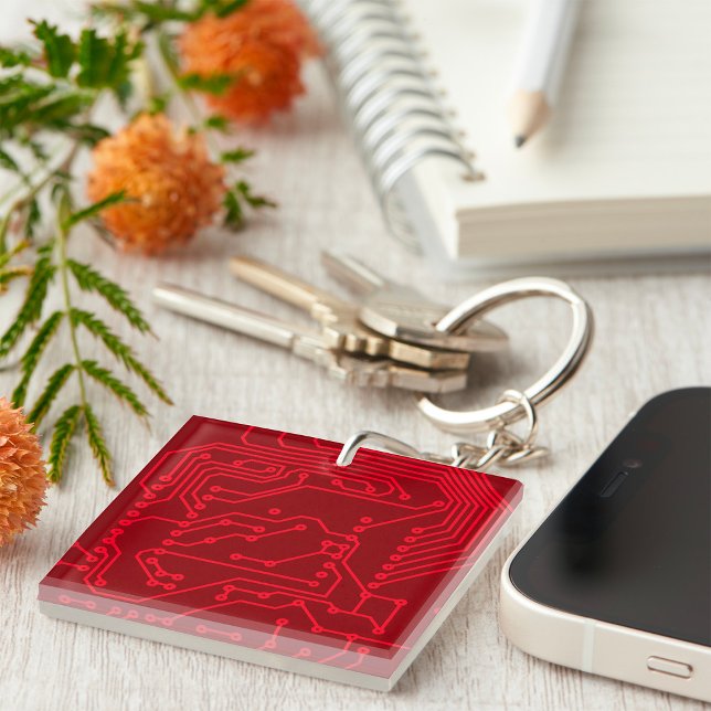 Retro Red Circuit Board Tech Pattern Key Ring (Creator Uploaded)