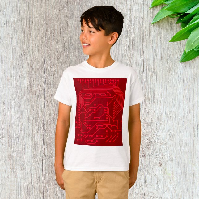 Retro Red Circuit Board Tech Pattern T-Shirt (Creator Uploaded)