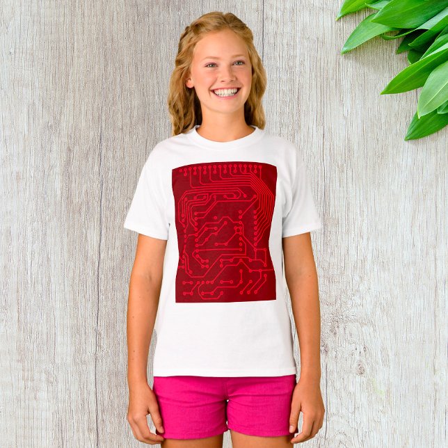 Retro Red Circuit Board Tech Pattern T-Shirt (Creator Uploaded)