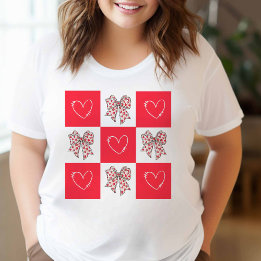 Retro Red Coquette Bow Heart Chequered T-Shirt