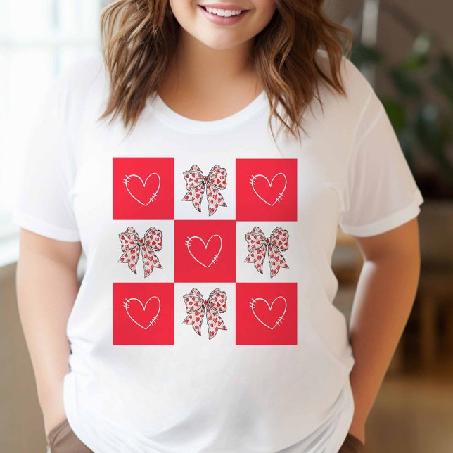 Retro Red Coquette Bow Heart Chequered T-Shirt (Red Checkered Coquette Bows and Hearts)