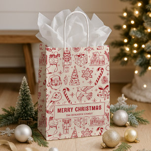 Retro Red Doodle Merry Christmas Medium Gift Bag