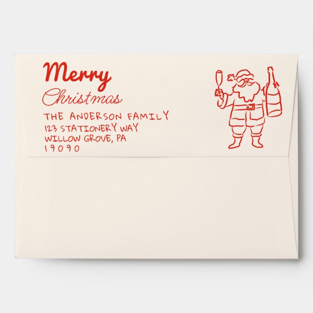 Retro Red Drawn Santa Claus Champagne Christmas  Envelope (Back (Top Flap))
