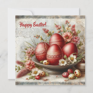 Retro red Easter eggs watercolor spring flowers Holiday Card