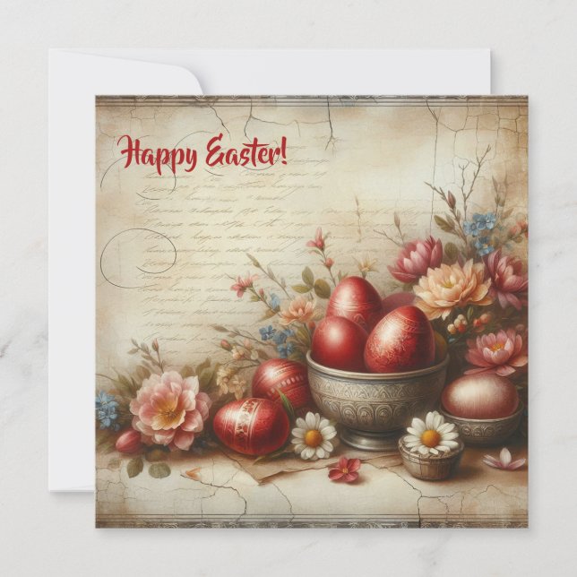 Retro red Easter eggs watercolor spring flowers Holiday Card (Front)