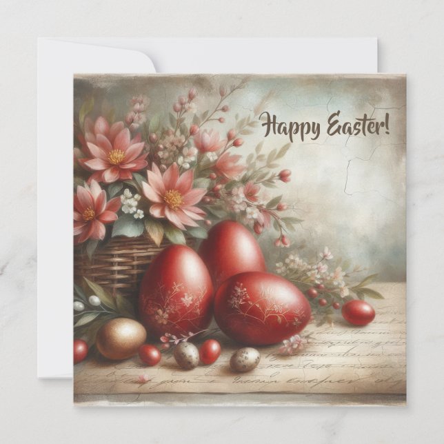 Retro red Easter eggs watercolor spring flowers Holiday Card (Front)