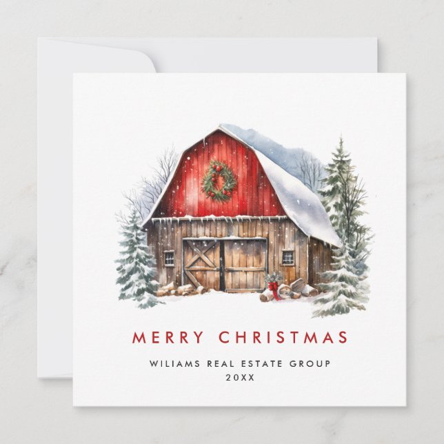Retro Red Farm Barn Christmas Corporate Holiday Card (Front)