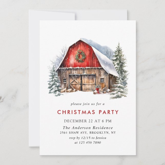 Retro Red Farm Barn Christmas Holiday Party Invitation (Front)
