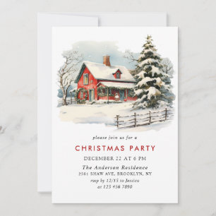 Retro Red Farm Barn Christmas Holiday Party Invitation