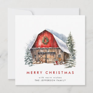 Retro Red Farm Barn Christmas Tree Greeting Holiday Card