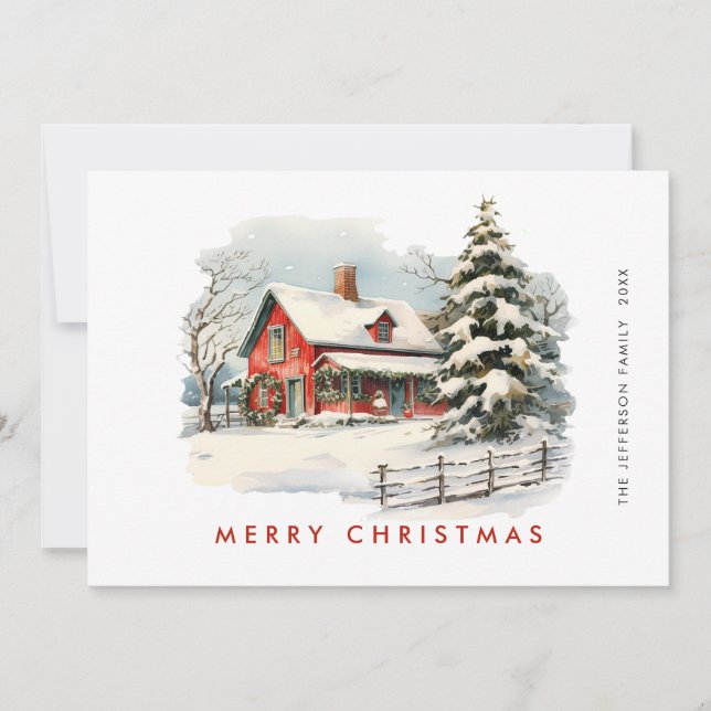 Retro Red Farm Barn Christmas Tree Greeting Holiday Card (Front)