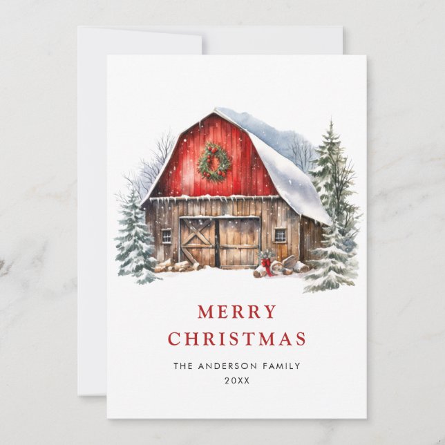 Retro Red Farm Barn Christmas Tree Greeting Holiday Card (Front)