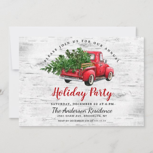 Retro Red Farm Truck Birch Bark Holiday Party Invitation (Front)