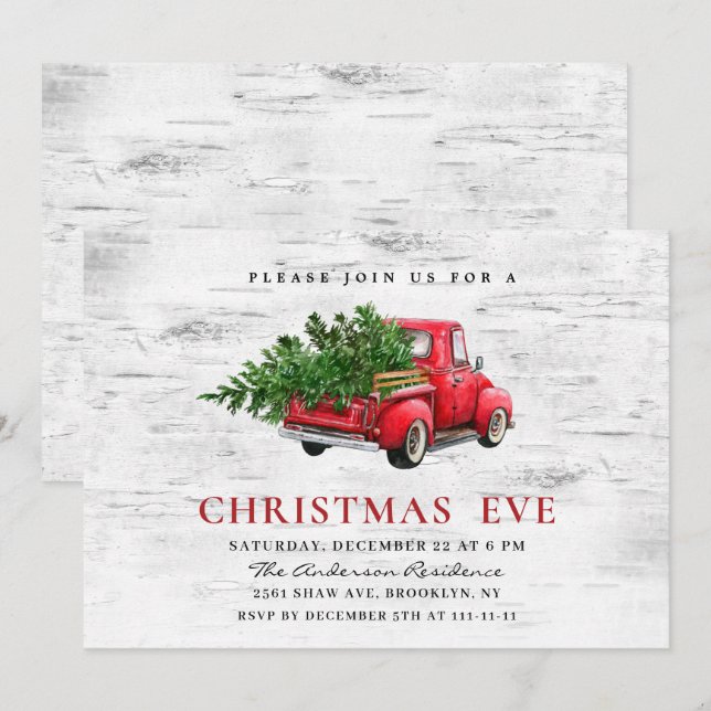 Retro Red Farm Truck Birch Christmas Holiday Eve Invitation (Front/Back)