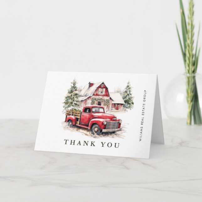 Retro Red Farm Truck Christmas Corporate Holiday Thank You Card (Front)