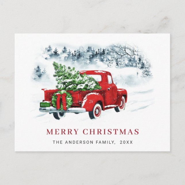 Retro Red Farm Truck Christmas Greeting Holiday Postcard (Front)