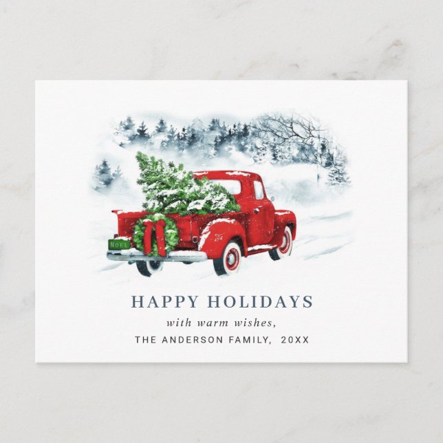 Retro Red Farm Truck Christmas Greeting Holiday Postcard (Front)