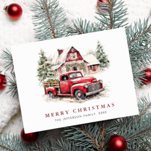 Retro Red Farm Truck Christmas Greeting Holiday Postcard