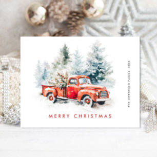 Retro Red Farm Truck Christmas Greeting Holiday Postcard