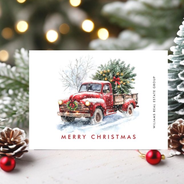 Retro Red Farm Truck Christmas Tree Corporate Holiday Card (Creator Uploaded)