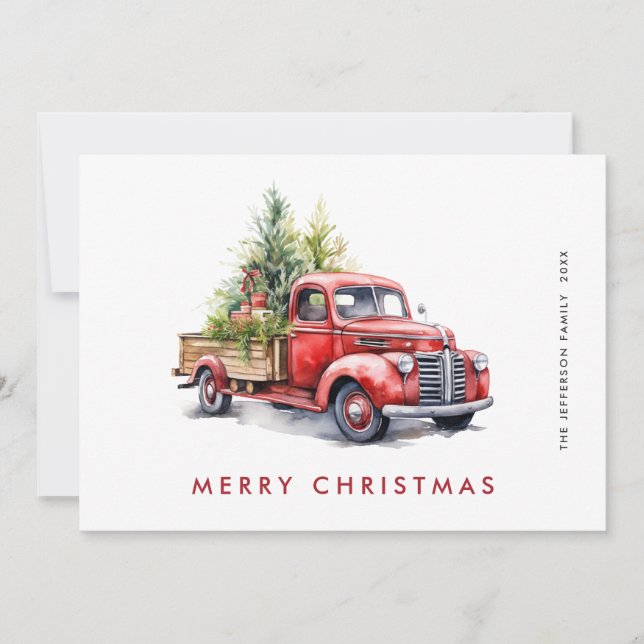 Retro Red Farm Truck Christmas Tree Greeting Holiday Card (Front)
