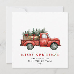 Retro Red Farm Truck Christmas Tree Greeting Holiday Card