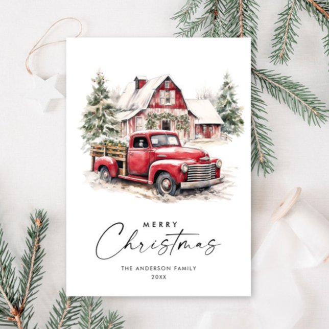 Retro Red Farm Truck Christmas Tree Greeting Holiday Card (Creator Uploaded)