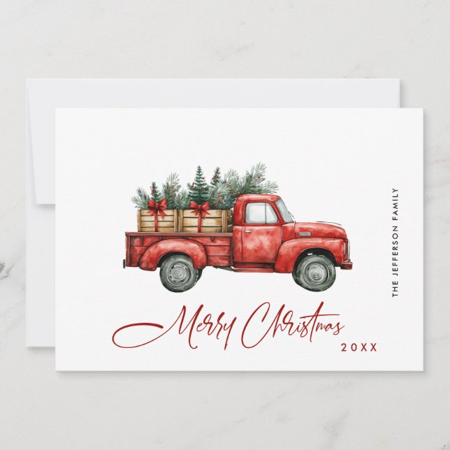 Retro Red Farm Truck Christmas Tree Greeting Holiday Card (Front)