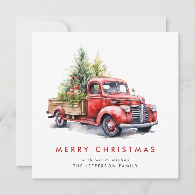 Retro Red Farm Truck Christmas Tree Greeting Holiday Card (Front)