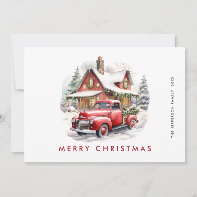 Retro Red Farm Truck Country Christmas Greeting Holiday Card (Front)