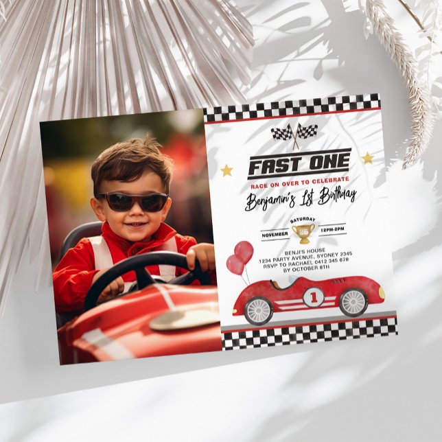 Retro Red Fast One Racing Car 1st Birthday Photo Invitation (Creator Uploaded)