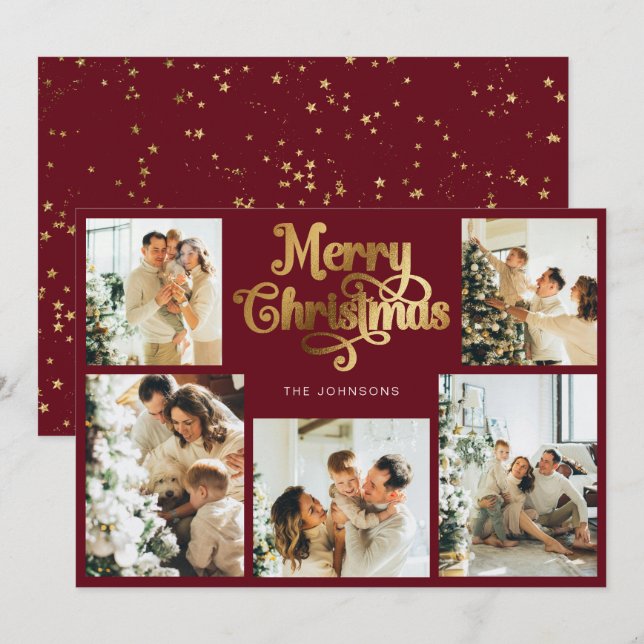 Retro Red Faux Gold Merry Christmas Family Photo Holiday Card (Front/Back)